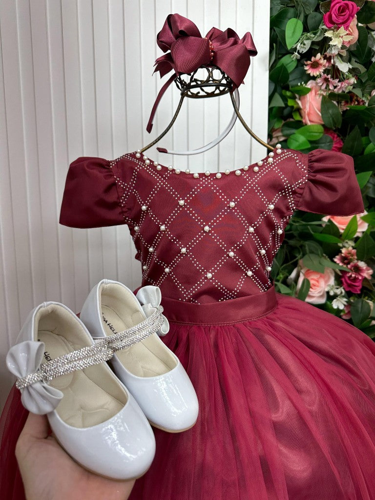 Vestido Longo Infantil Marsala em Tecido Acetinado com Bordados