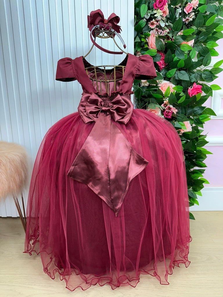 Vestido Longo Infantil Marsala em Tecido Acetinado com Bordados