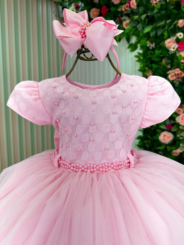 Vestido de Menina Aline em Rosa Bebê com Tecido Misto