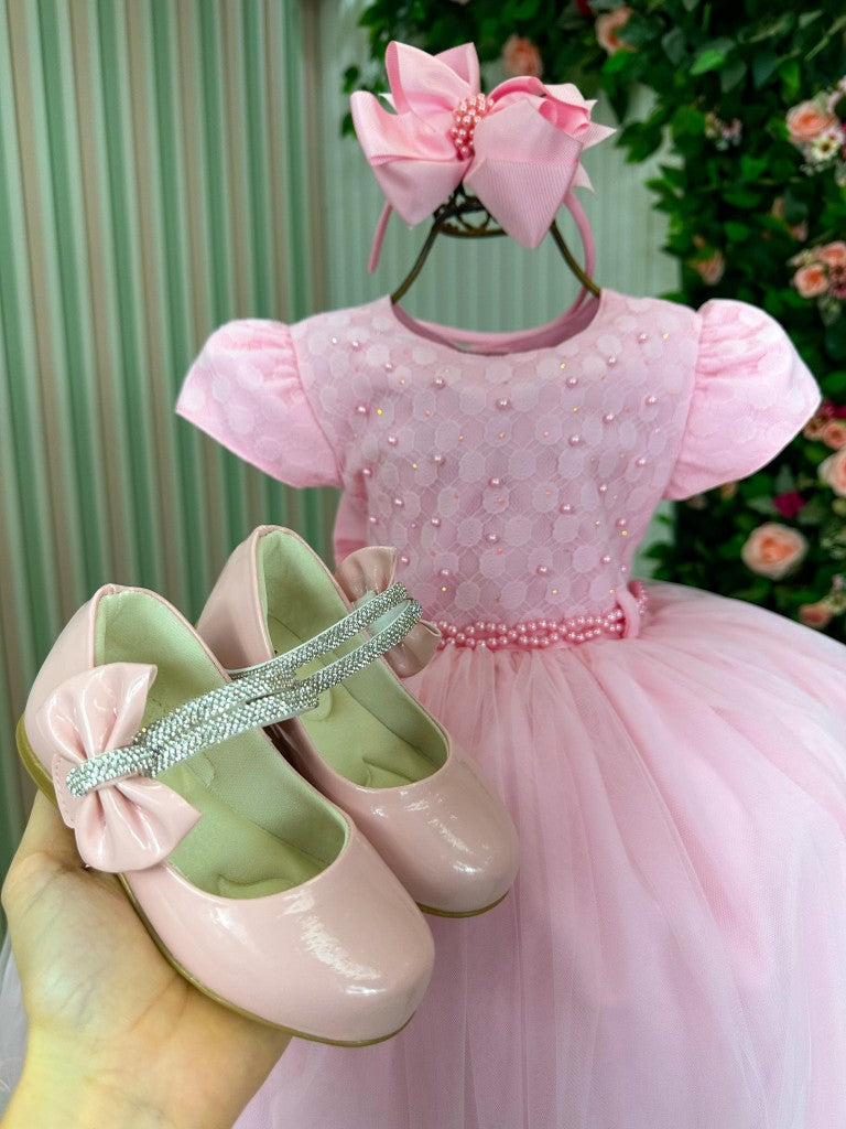 Vestido de Menina Aline em Rosa Bebê com Tecido Misto