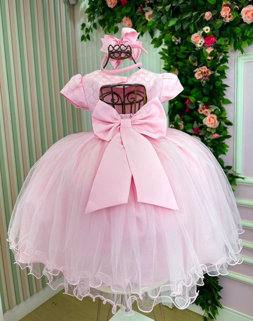 Vestido de Menina Aline em Rosa Bebê com Tecido Misto
