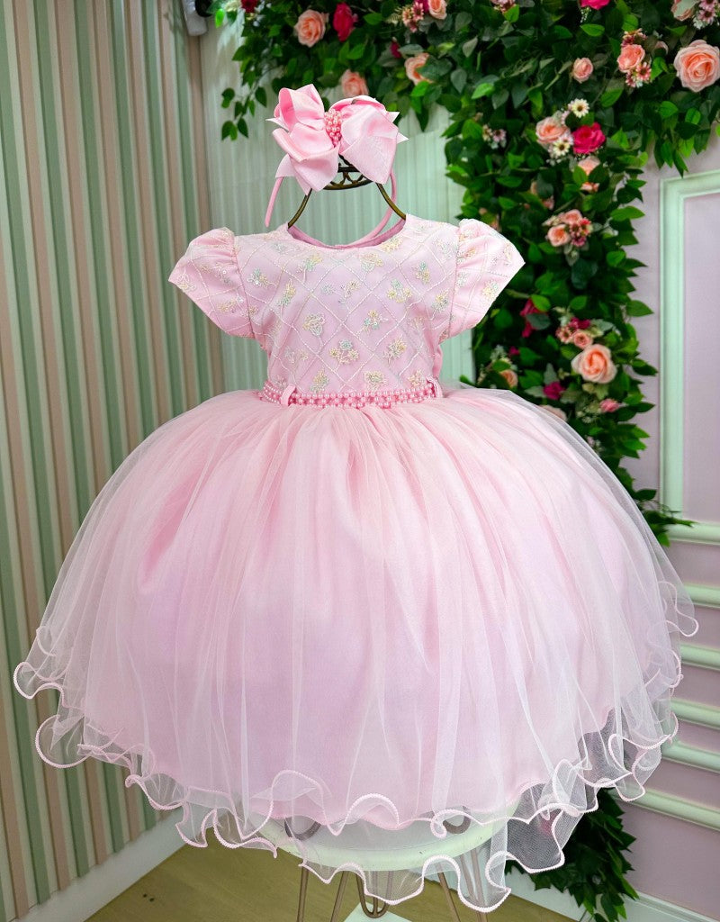 Vestido Rosa Bebê Confeccionado em Tecido Misto para Meninas