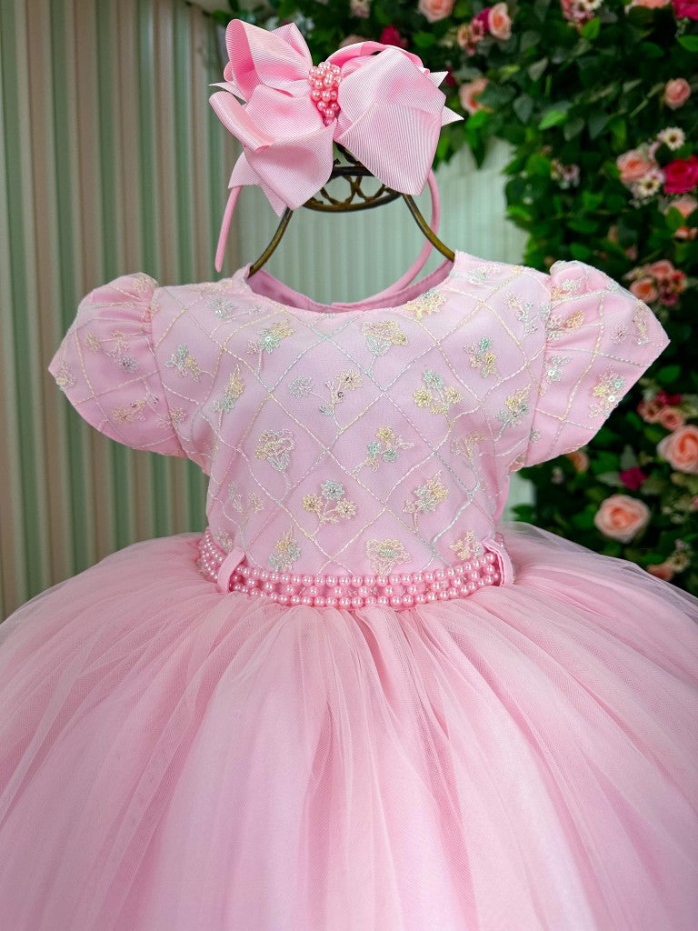 Vestido Rosa Bebê Confeccionado em Tecido Misto para Meninas
