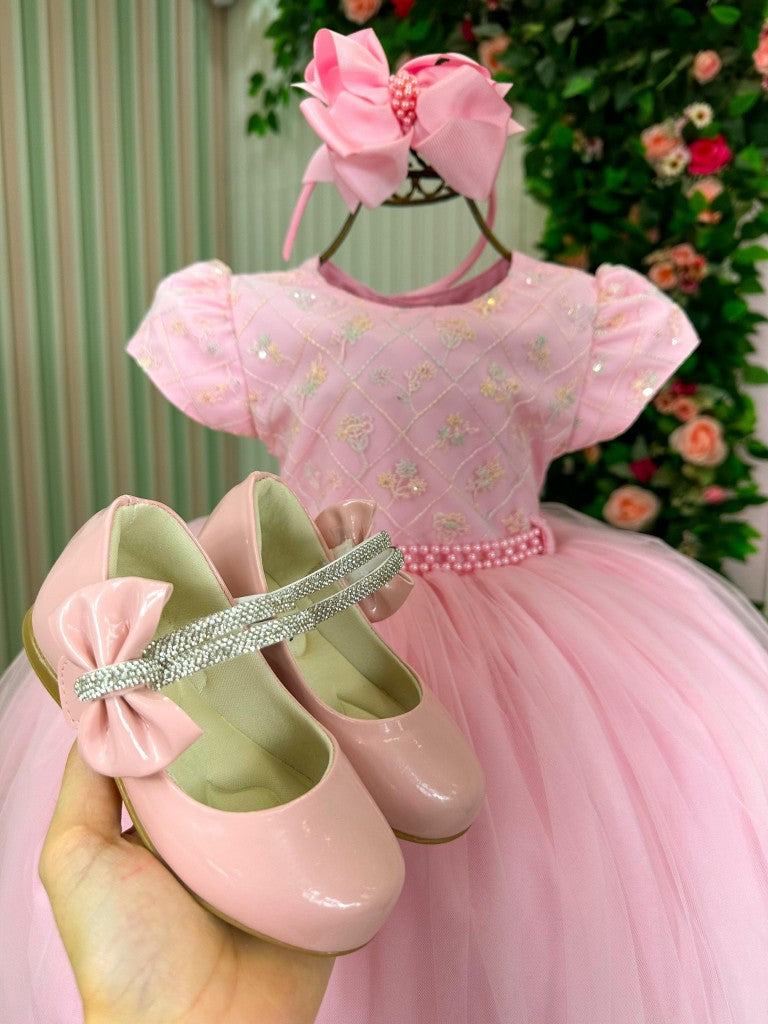 Vestido Rosa Bebê Confeccionado em Tecido Misto para Meninas