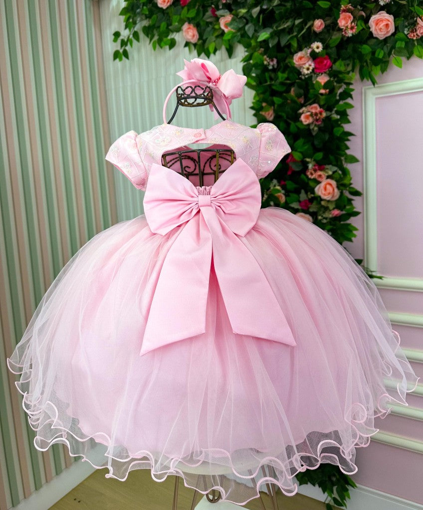 Vestido Rosa Bebê Confeccionado em Tecido Misto para Meninas