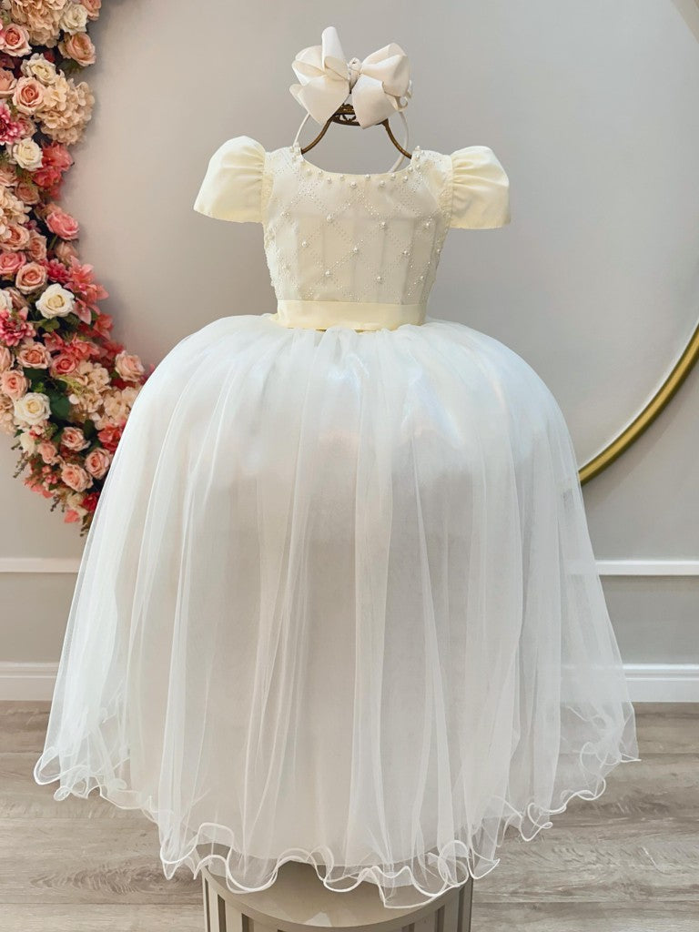 Vestido Longo Infantil Marfim com Strass e Pérolas para Damas
