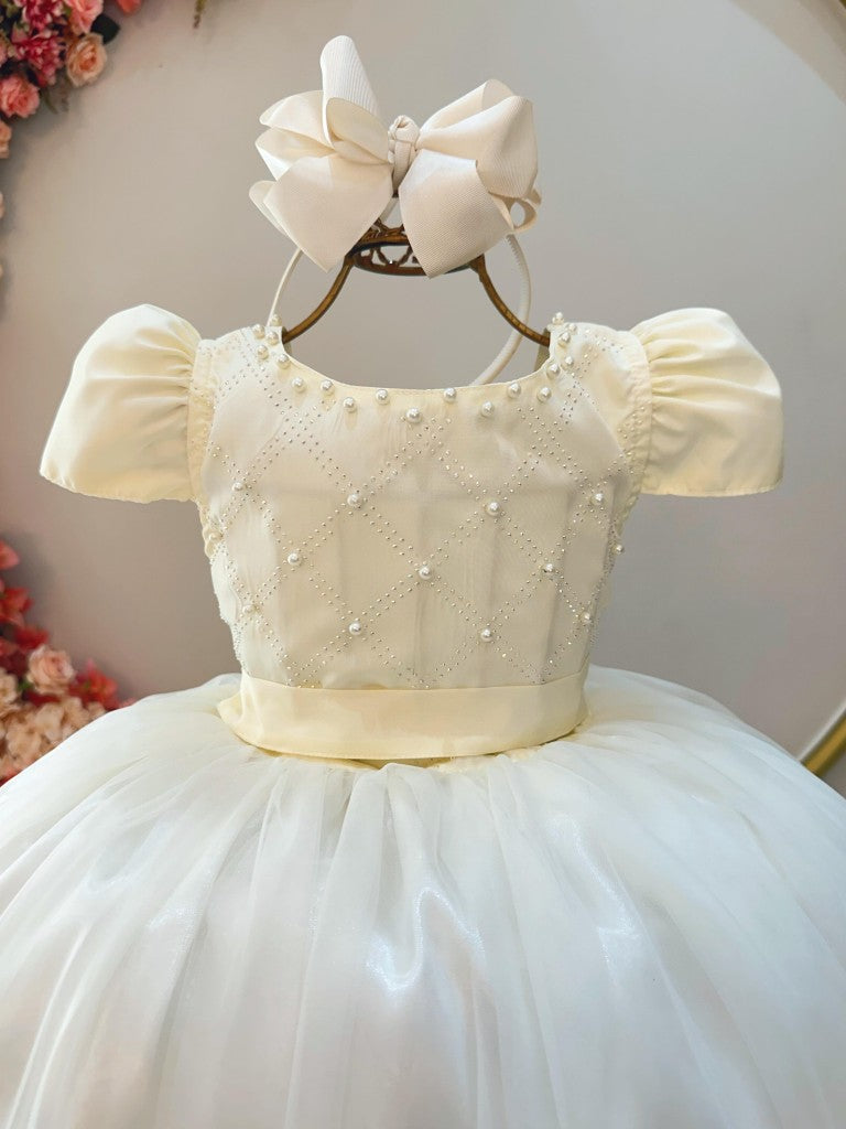 Vestido Longo Infantil Marfim com Strass e Pérolas para Damas