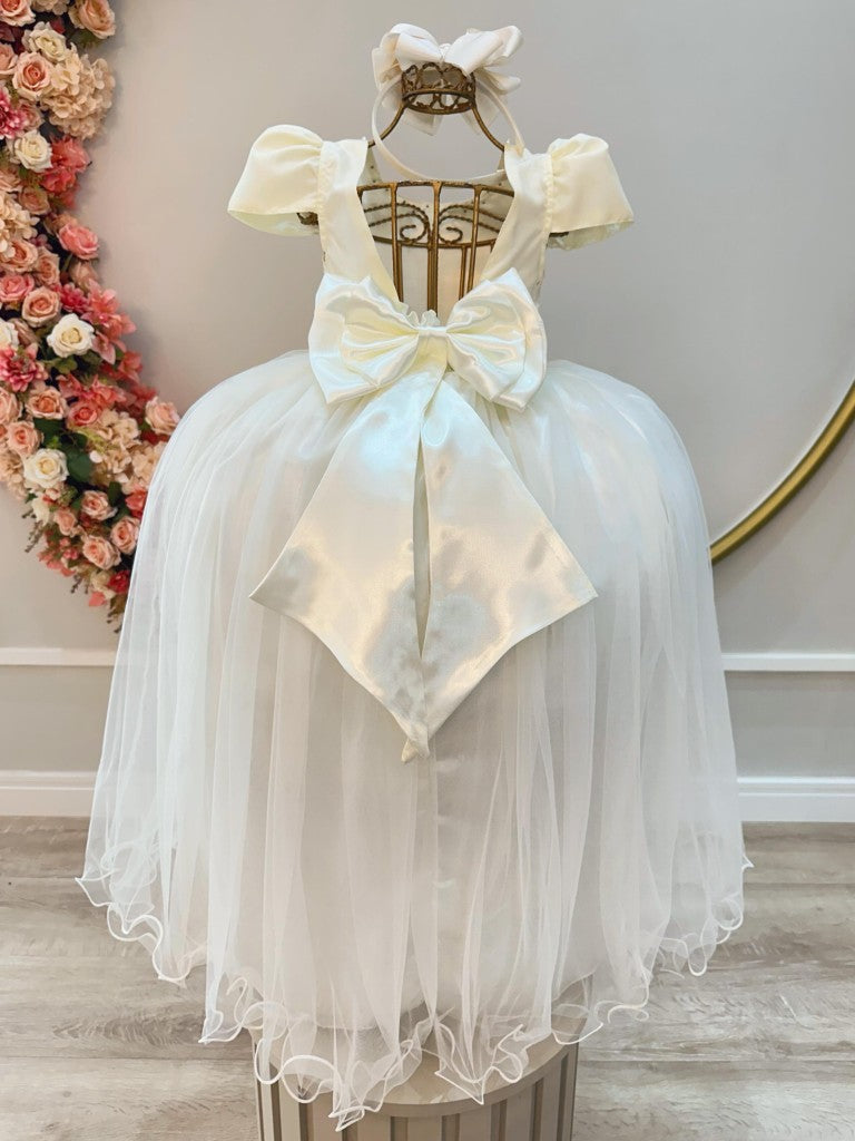 Vestido Longo Infantil Marfim com Strass e Pérolas para Damas