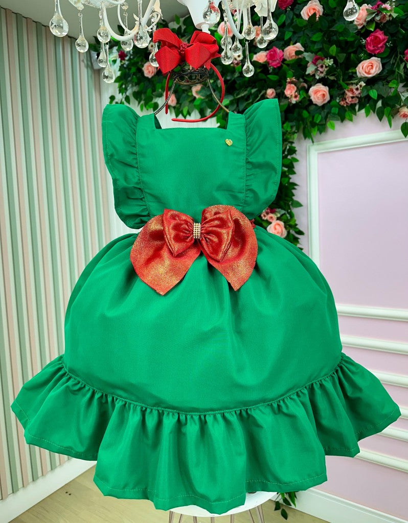 Vestido Verde Infantil em Poliéster com Laço nas Costas