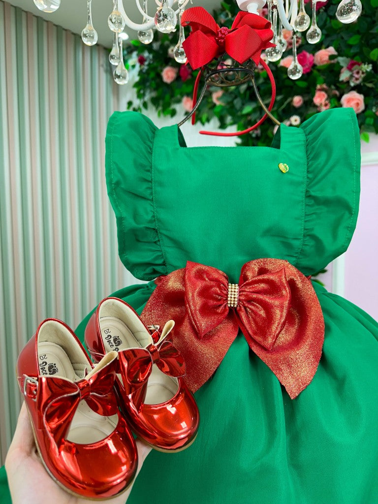 Vestido Verde Infantil em Poliéster com Laço nas Costas