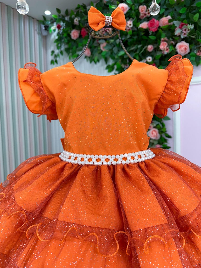 Vestido Terracota Infantil com Laço e Babado em Poliéster