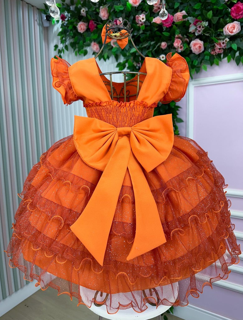 Vestido Terracota Infantil com Laço e Babado em Poliéster