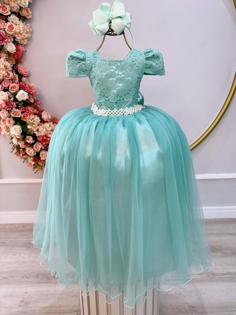 Vestido Longo Infantil Verde Menta em Tule e Renda para Casamento