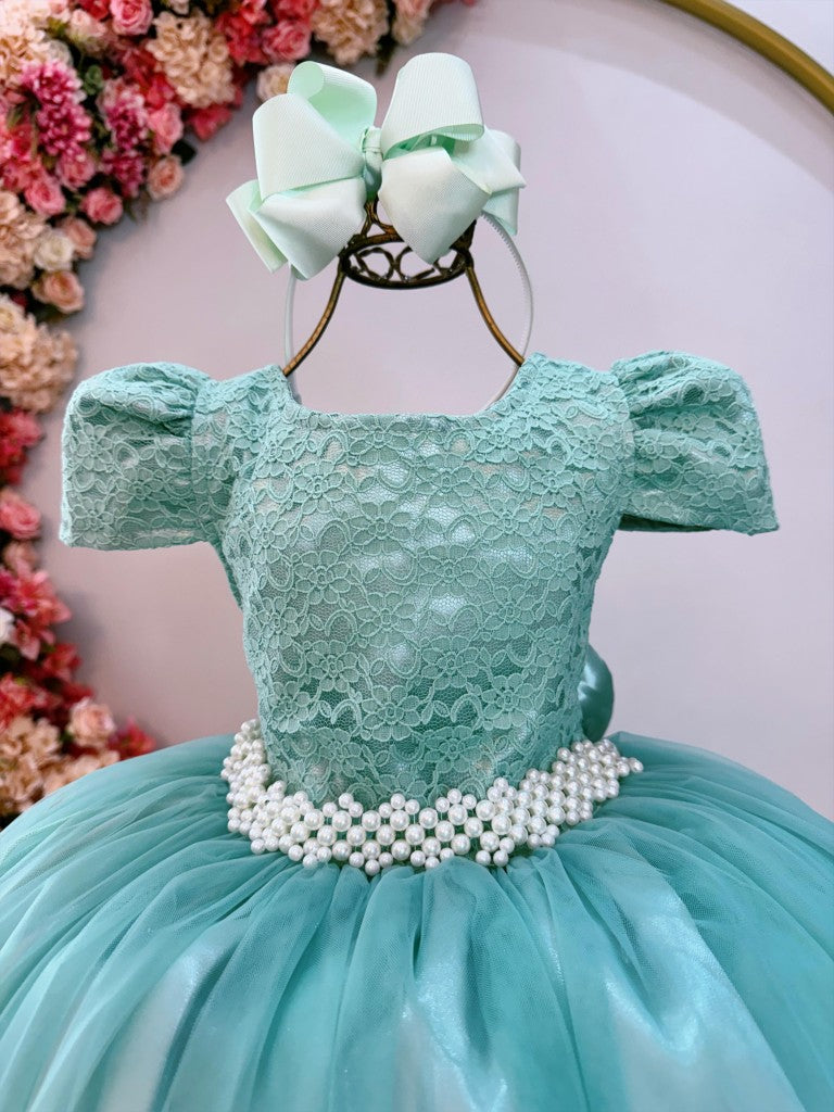 Vestido Longo Infantil Verde Menta em Tule e Renda para Casamento