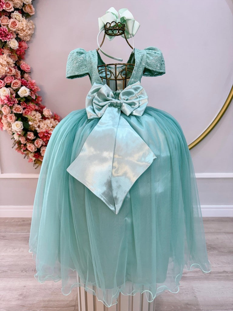 Vestido Longo Infantil Verde Menta em Tule e Renda para Casamento