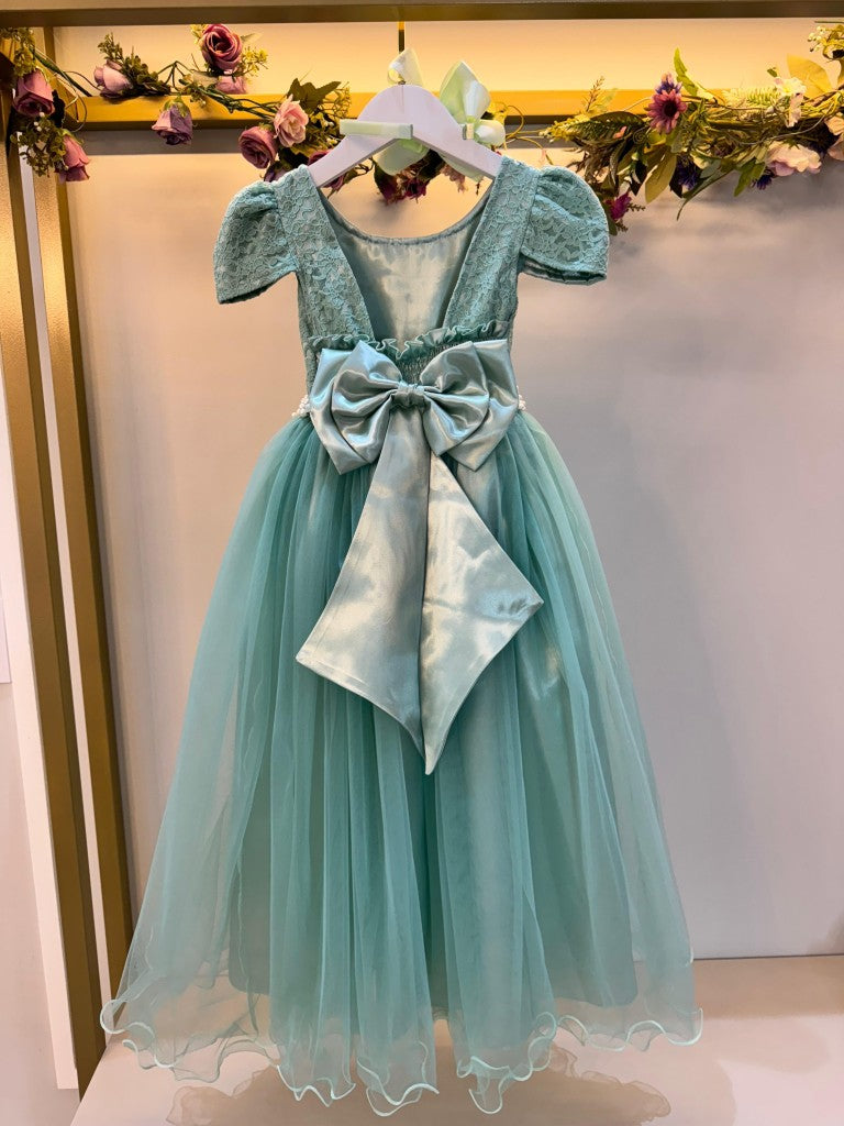 Vestido Longo Infantil Verde Menta em Tule e Renda para Casamento