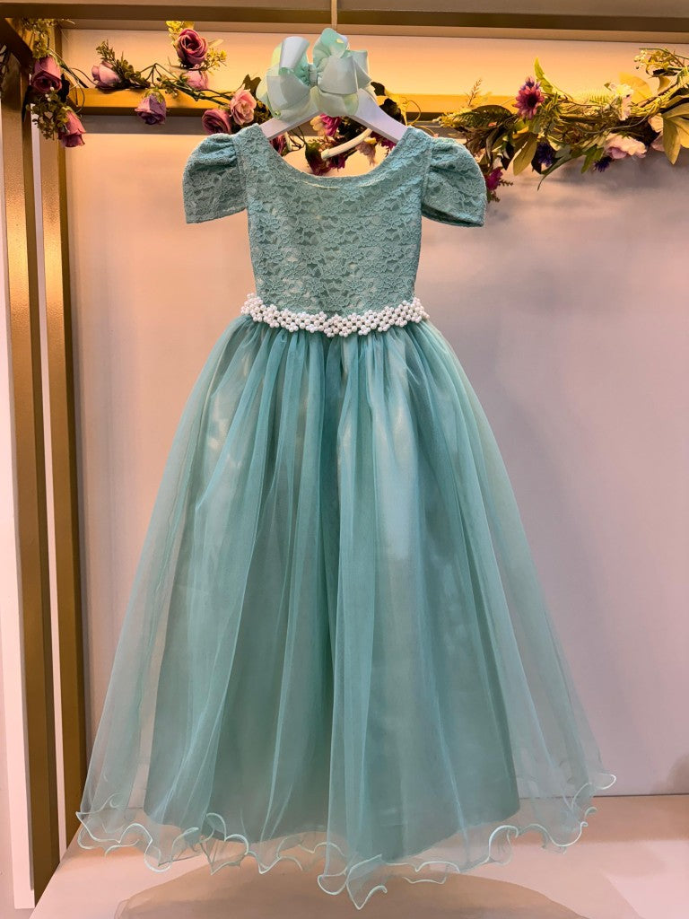 Vestido Longo Infantil Verde Menta em Tule e Renda para Casamento