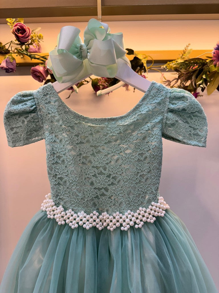 Vestido Longo Infantil Verde Menta em Tule e Renda para Casamento