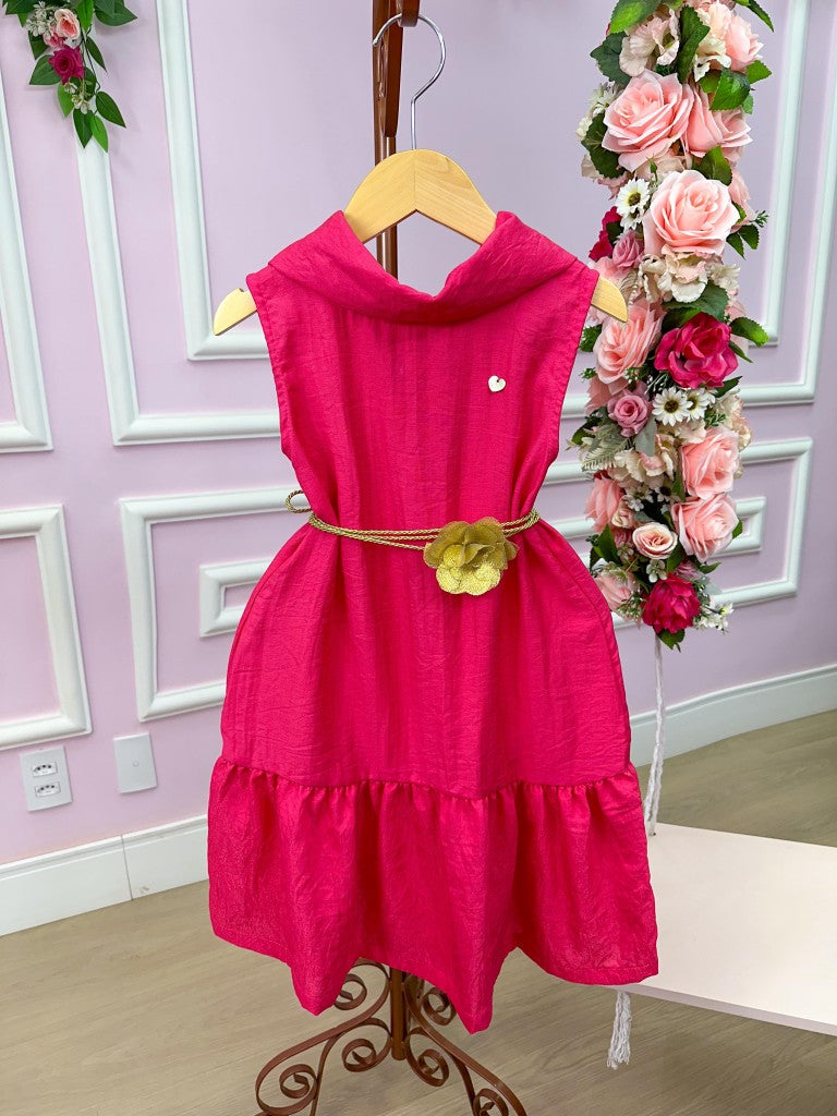 Vestido Serena Pink em Tecido 100% Poliéster com Cinto