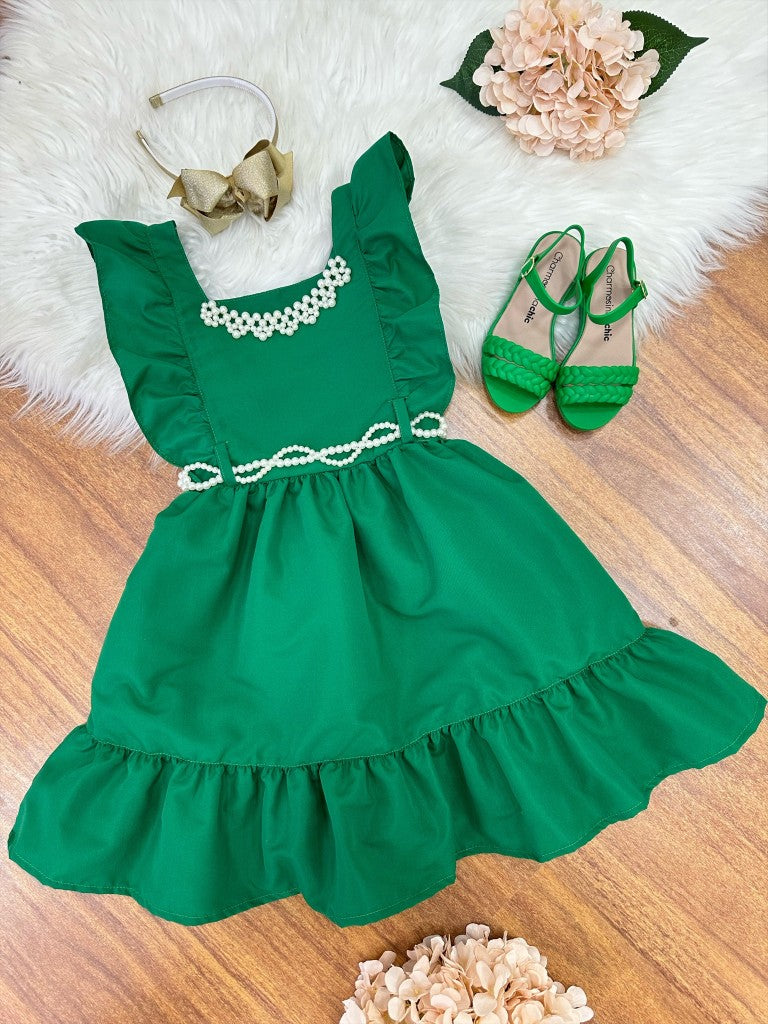 Vestido Infantil Verde Luxo Com Pérolas Para Festas