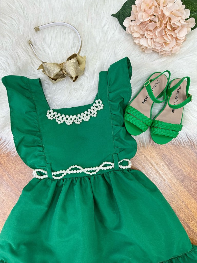 Vestido Infantil Verde Luxo Com Pérolas Para Festas