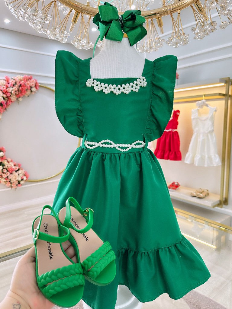 Vestido Infantil Verde Luxo Com Pérolas Para Festas