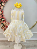 Vestido Infantil Amarelo de Alça em Algodão com Listras Brancas