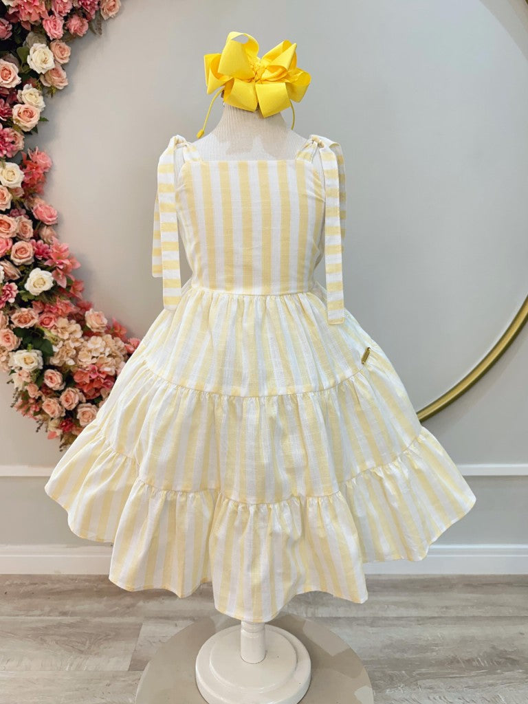 Vestido Infantil Amarelo de Alça em Algodão com Listras Brancas