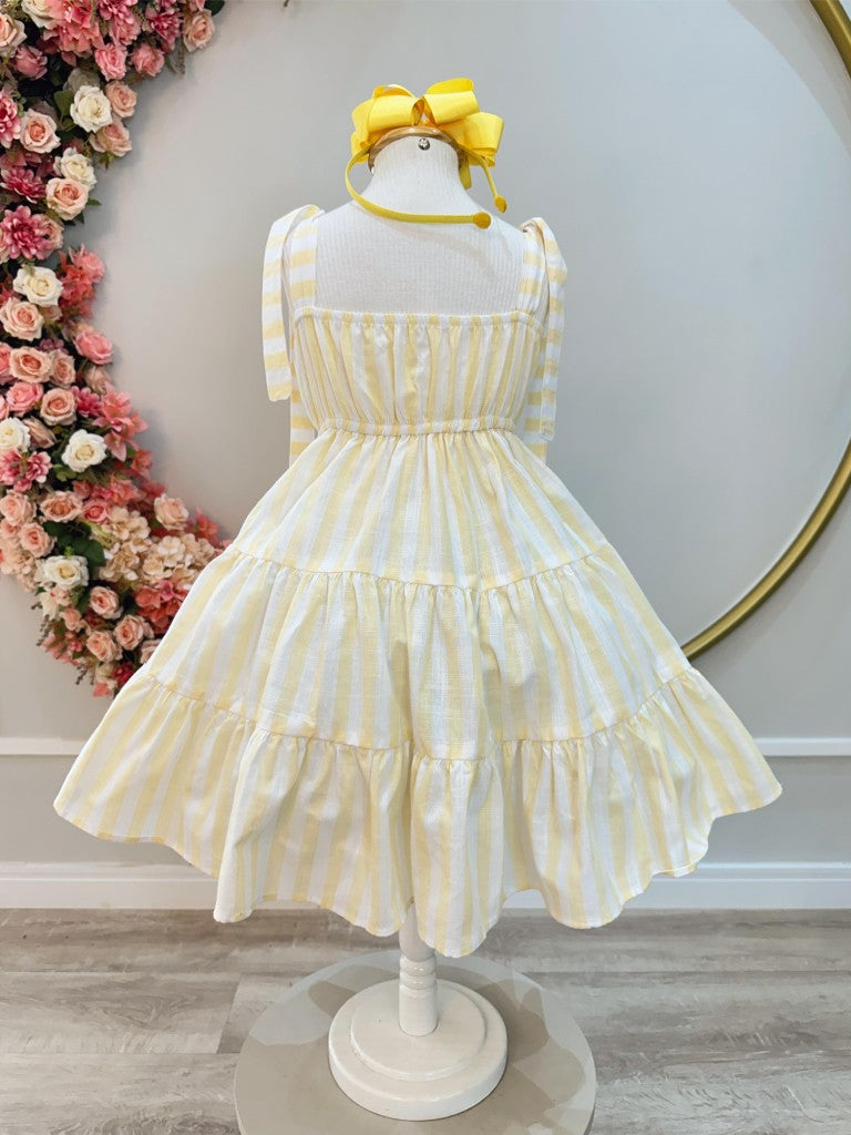 Vestido Infantil Amarelo de Alça em Algodão com Listras Brancas