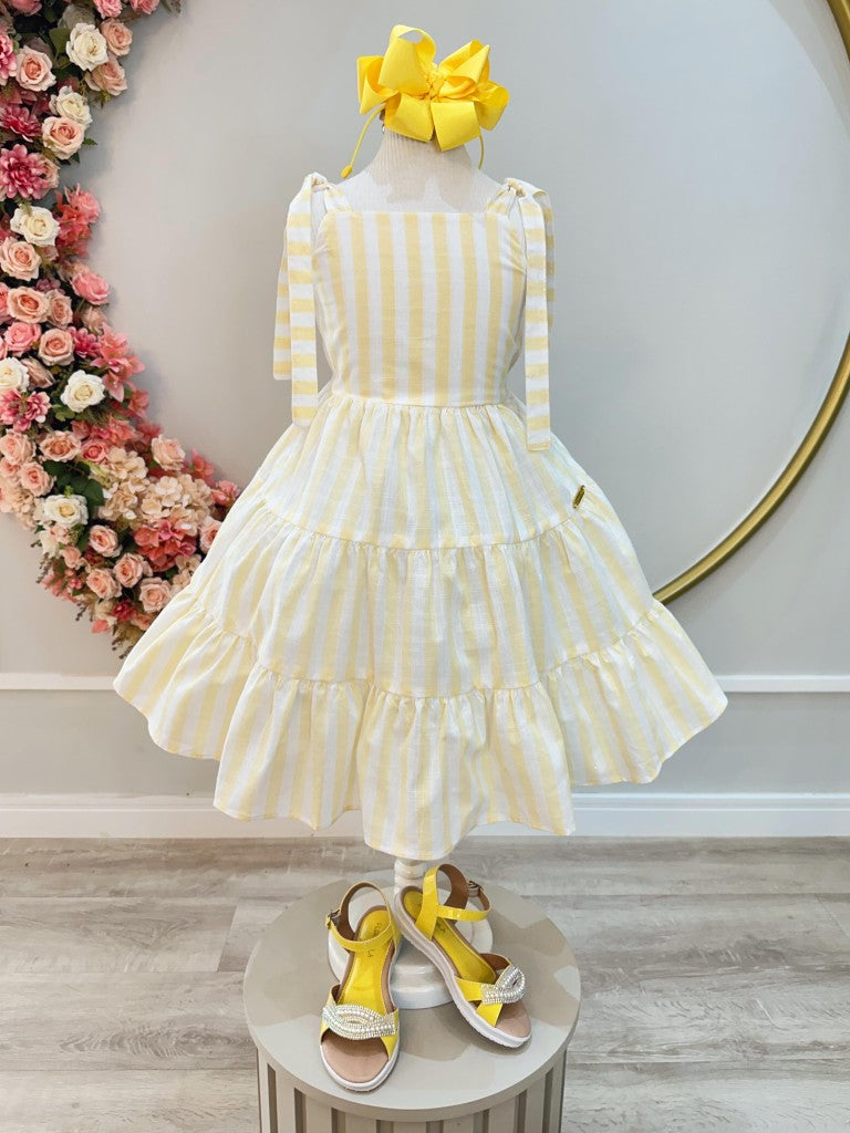 Vestido Infantil Amarelo de Alça em Algodão com Listras Brancas