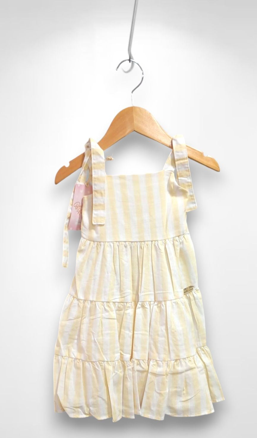 Vestido Infantil Amarelo de Alça em Algodão com Listras Brancas