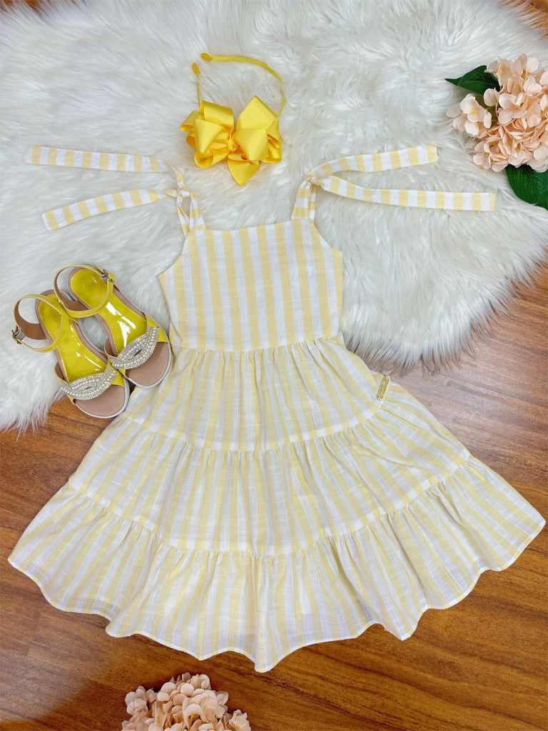 Vestido Infantil Amarelo de Alça em Algodão com Listras Brancas