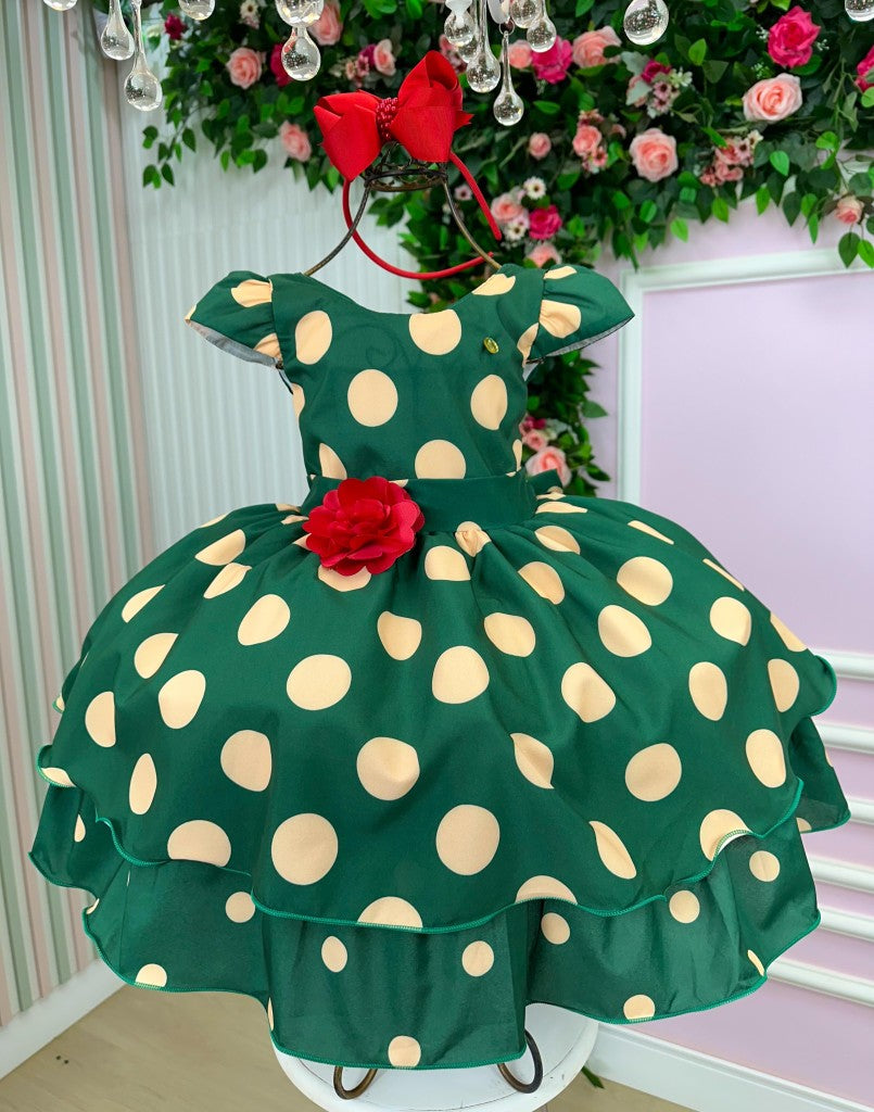 Vestido Infantil Verde com Bolinhas em Microfibra