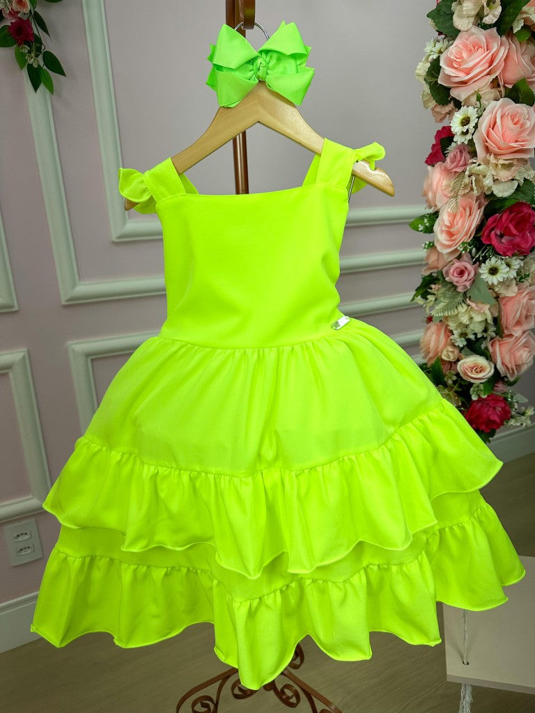 Vestido Verde Neon de Viscose com Laço para o Dia a Dia