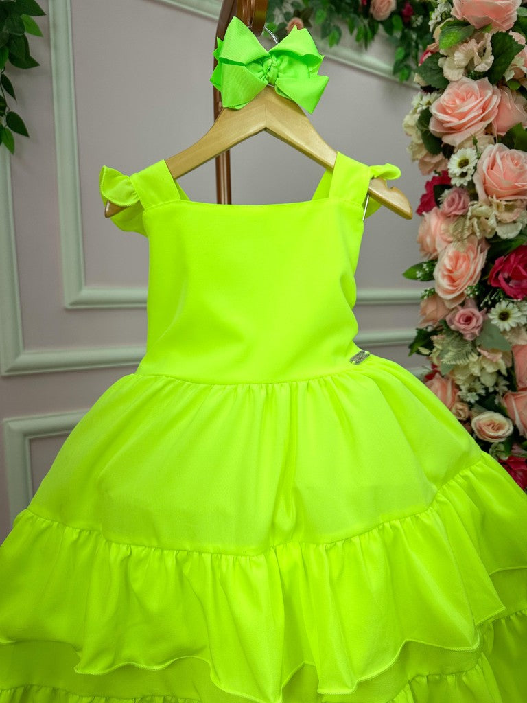 Vestido Verde Neon de Viscose com Laço para o Dia a Dia