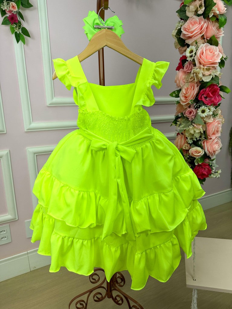 Vestido Verde Neon de Viscose com Laço para o Dia a Dia