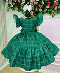 Vestido Infantil Verde em Poliéster com Laço e Gola Reta