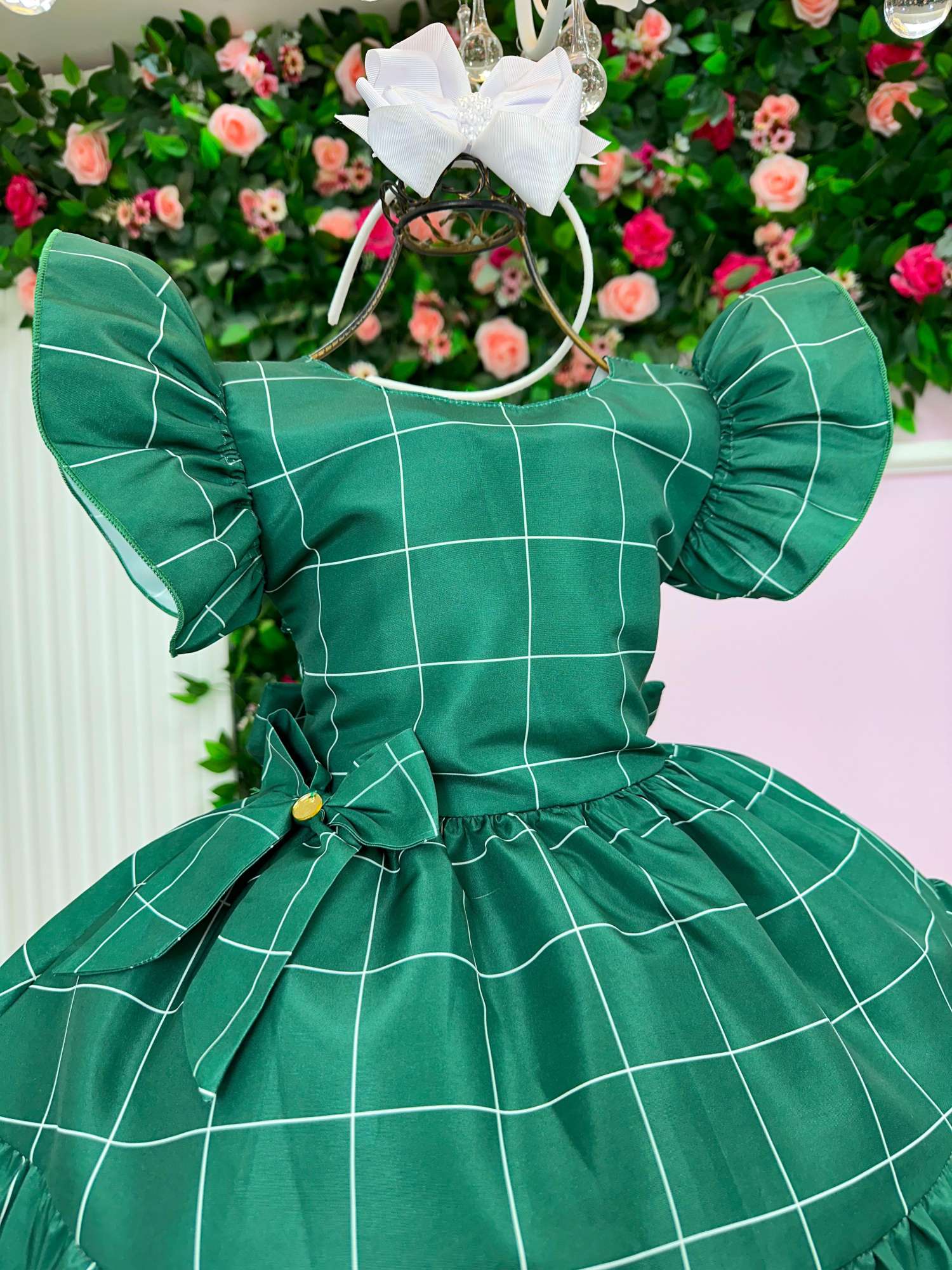 Vestido Infantil Verde em Poliéster com Laço e Gola Reta