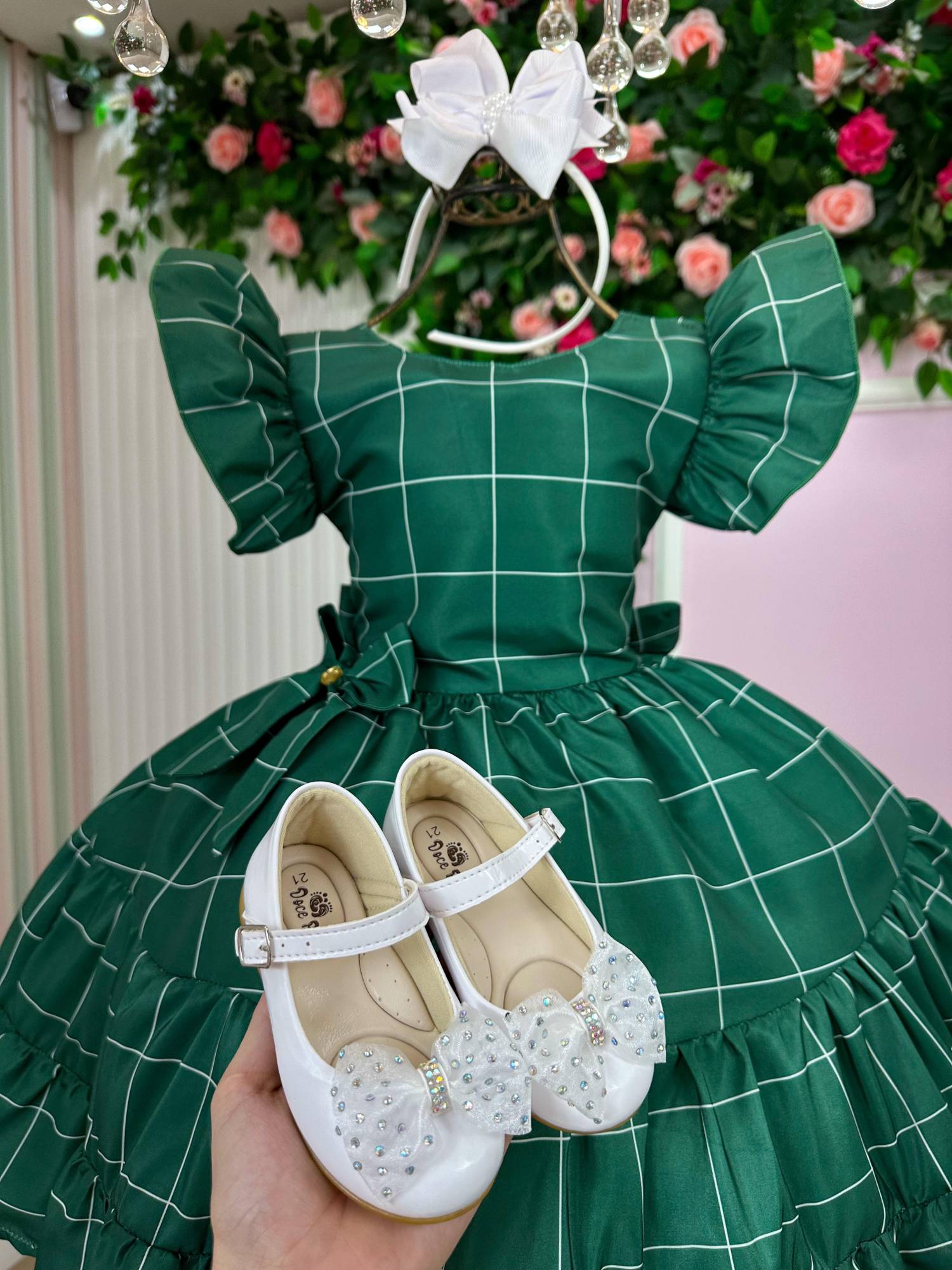 Vestido Infantil Verde em Poliéster com Laço e Gola Reta