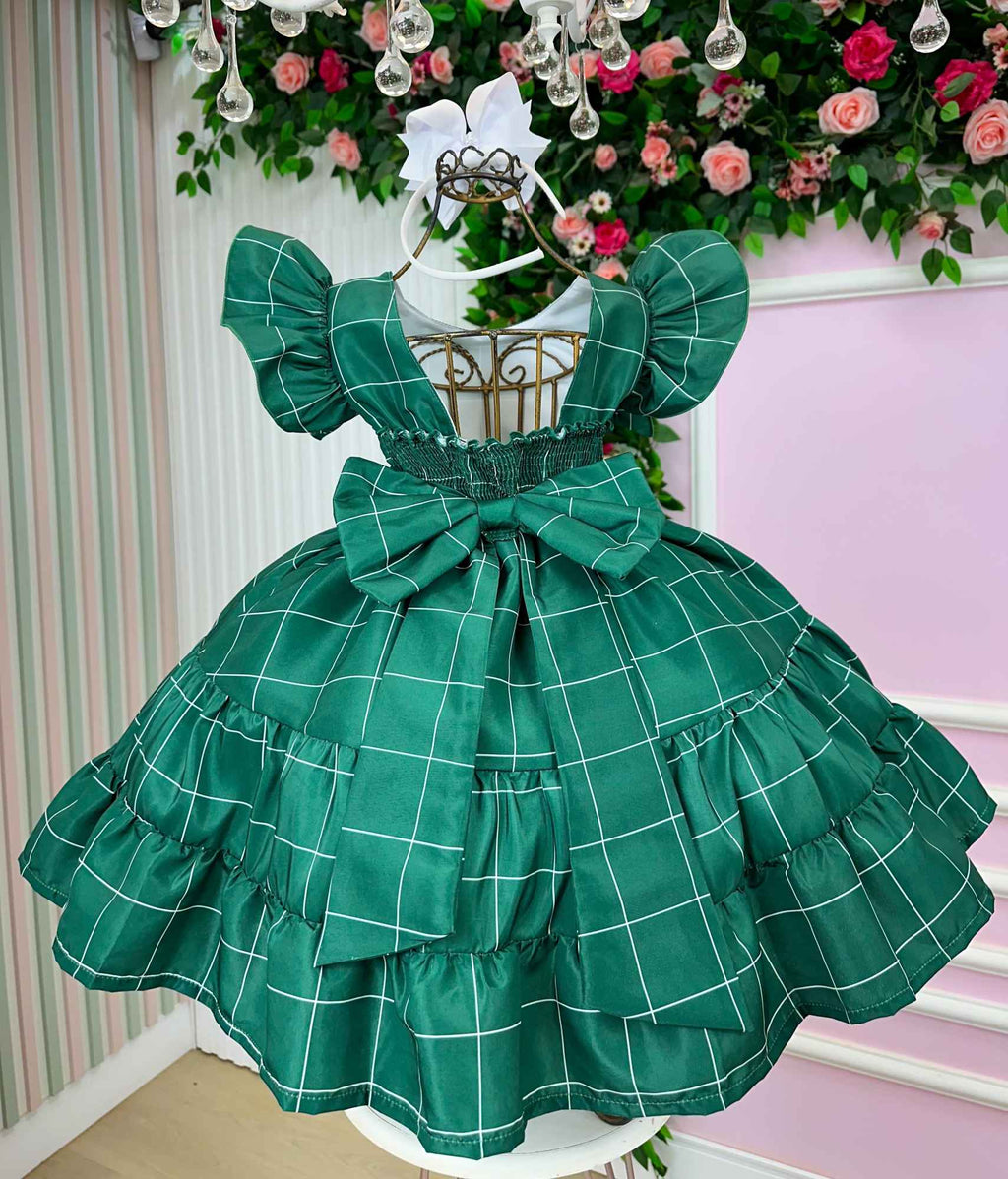 Vestido Infantil Verde em Poliéster com Laço e Gola Reta