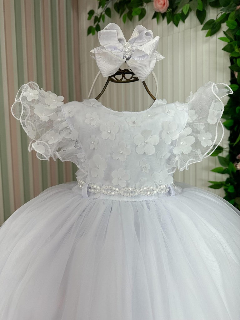 Vestido Branco Infantil em Tecido Tafeta com Laço nas Costas