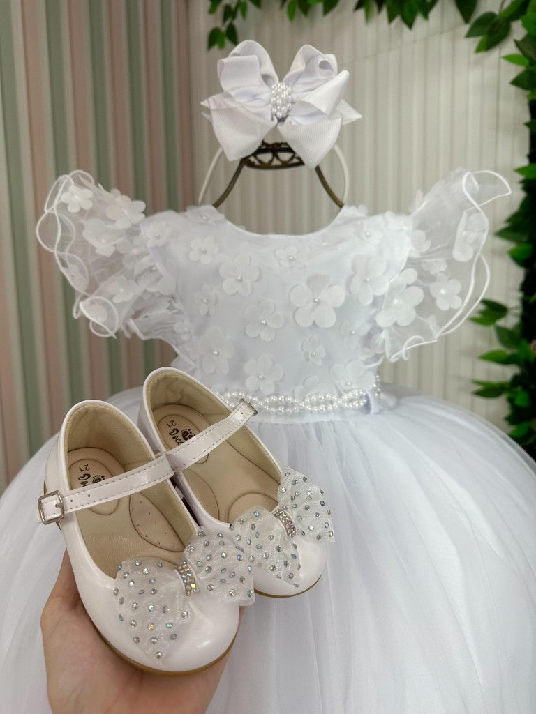 Vestido Branco Infantil em Tecido Tafeta com Laço nas Costas