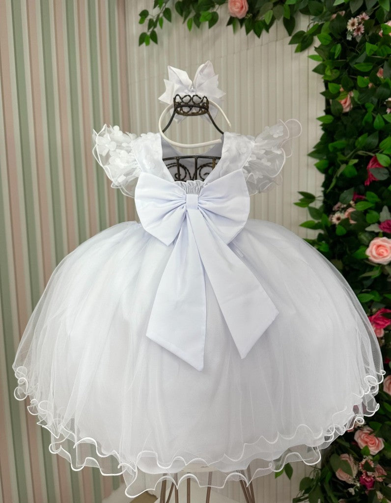 Vestido Branco Infantil em Tecido Tafeta com Laço nas Costas