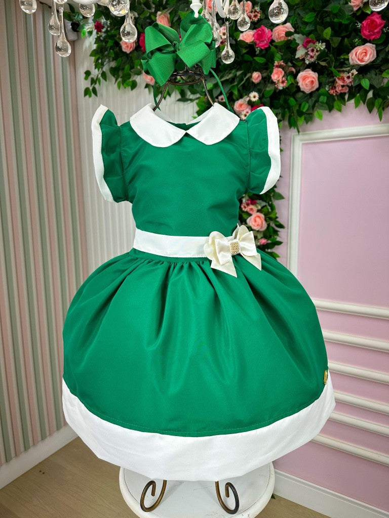 Vestido Verde Infantil em Poliéster com Laço - Natal