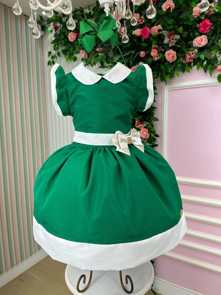 Vestido Verde Infantil em Poliéster com Laço - Natal