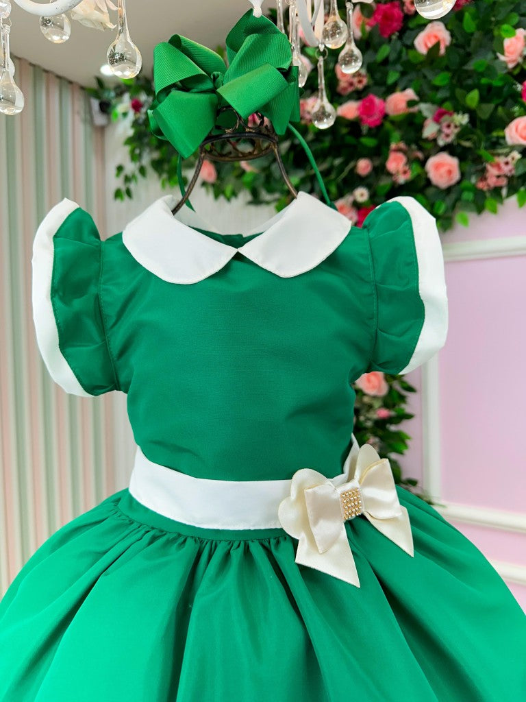 Vestido Verde Infantil em Poliéster com Laço - Natal