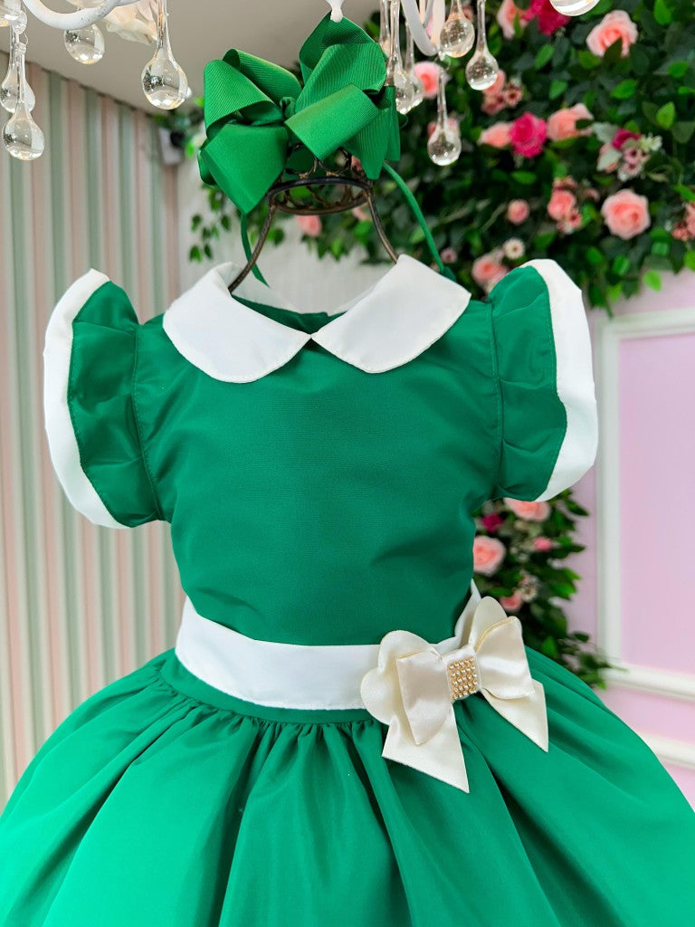 Vestido Verde Infantil em Poliéster com Laço - Natal