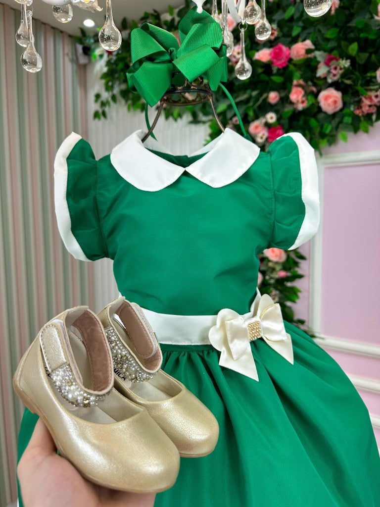 Vestido Verde Infantil em Poliéster com Laço - Natal