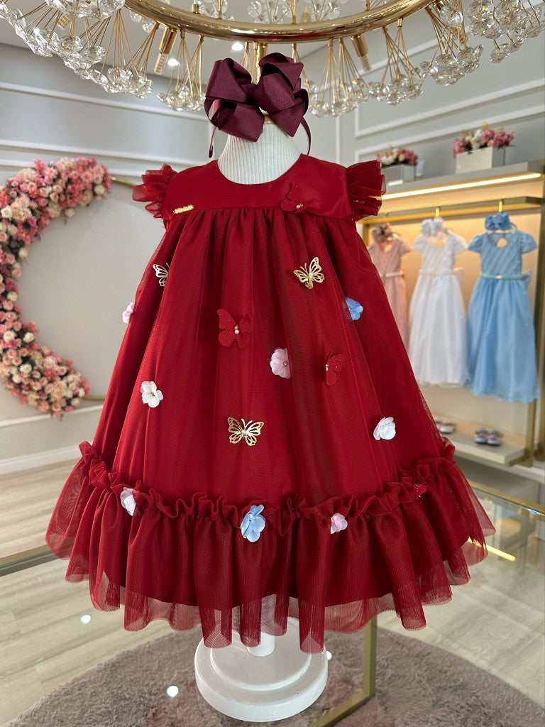 Vestido Infantil Luxo Vermelho Escuro Jardim Encantado