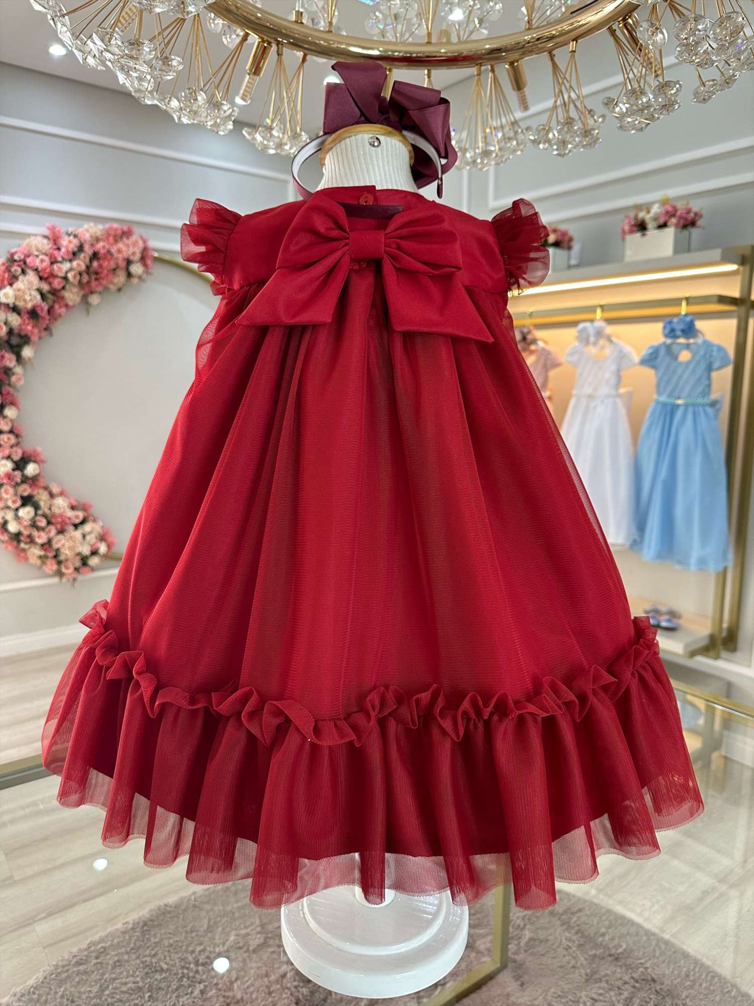 Vestido Infantil Luxo Vermelho Escuro Jardim Encantado